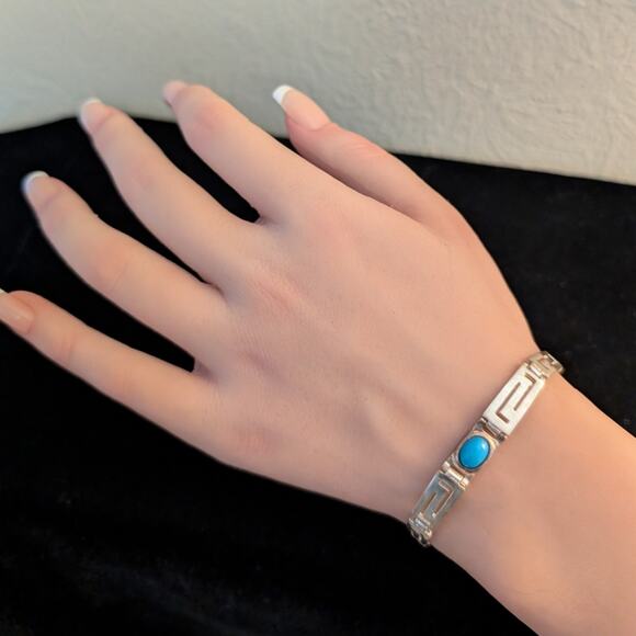 925 Sterling Silver Turquoise Graduated Greek Key Bracelet - Picture 2 of 10